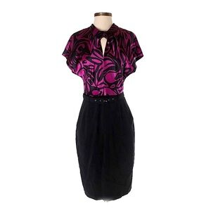 Trina Turk 100% Silk Black & Magenta Belted Midi Dress Sz S